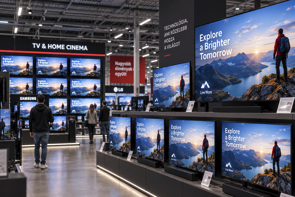 A wall of televisions in an electronics store, all showing the same picture