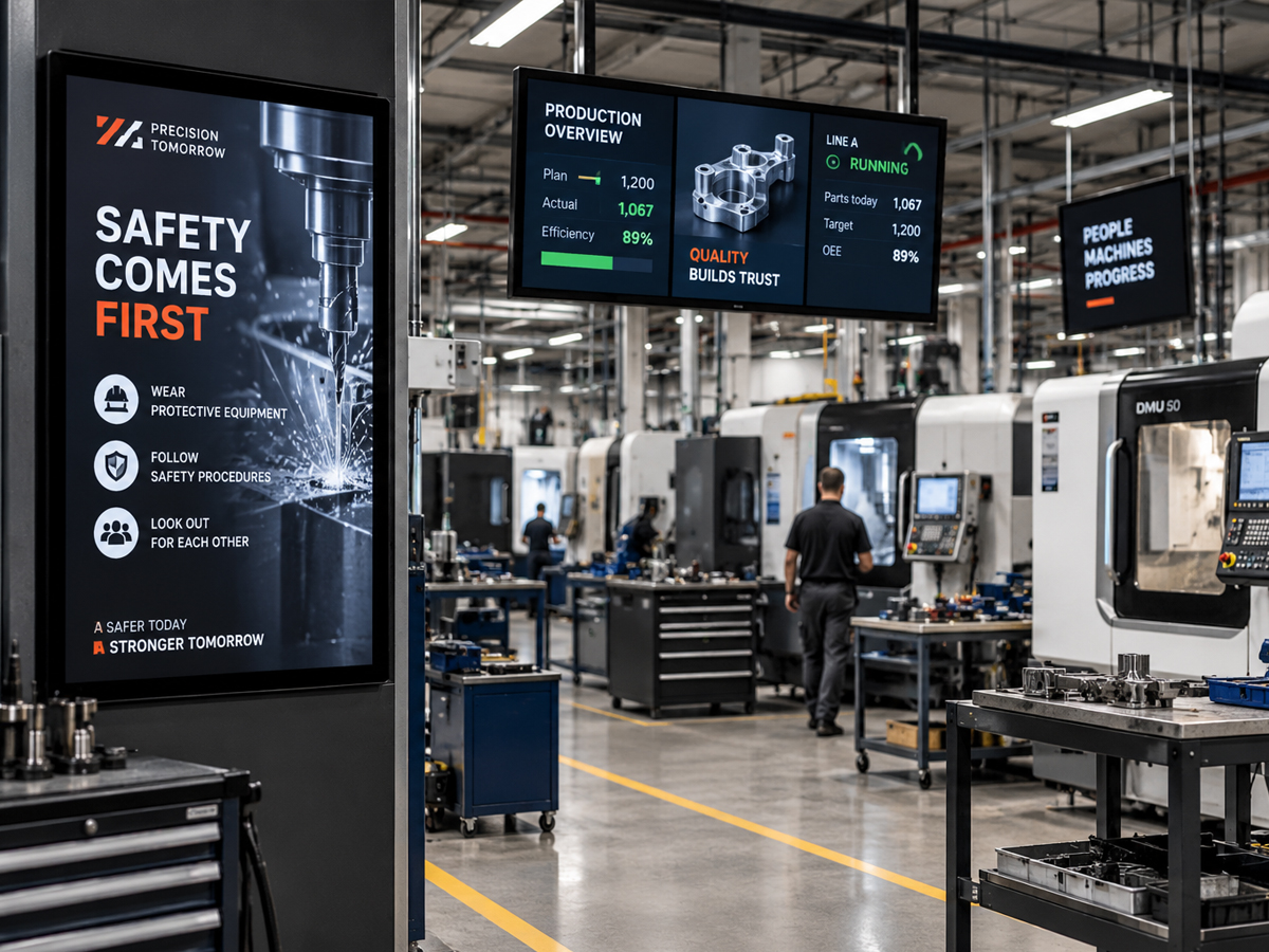 A machine workshop with a safety information display