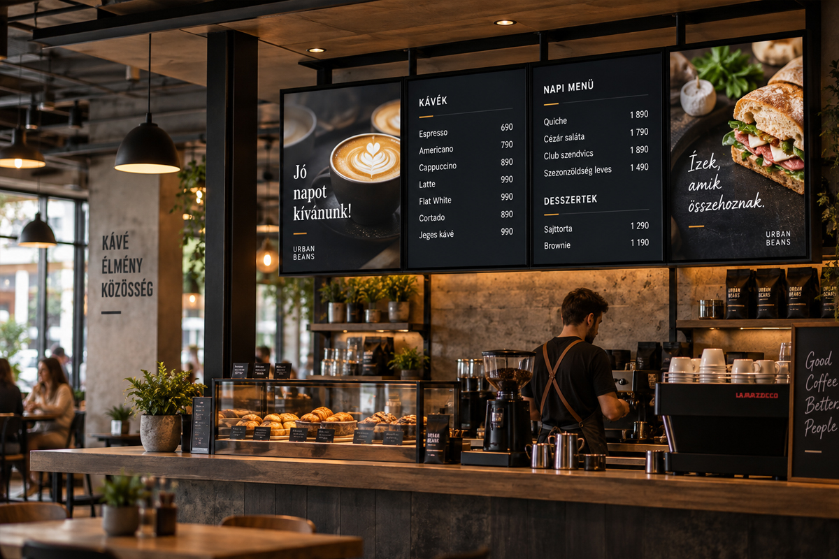 A digital menu board above a café counter