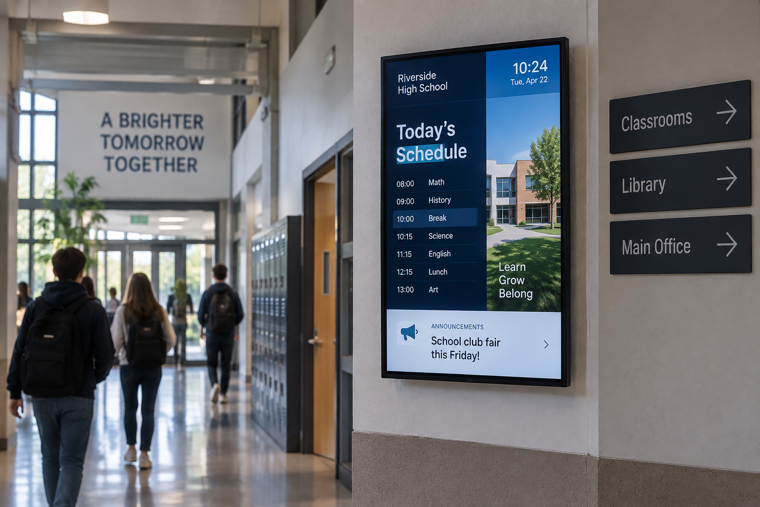 A school corridor with a display showing the timetable