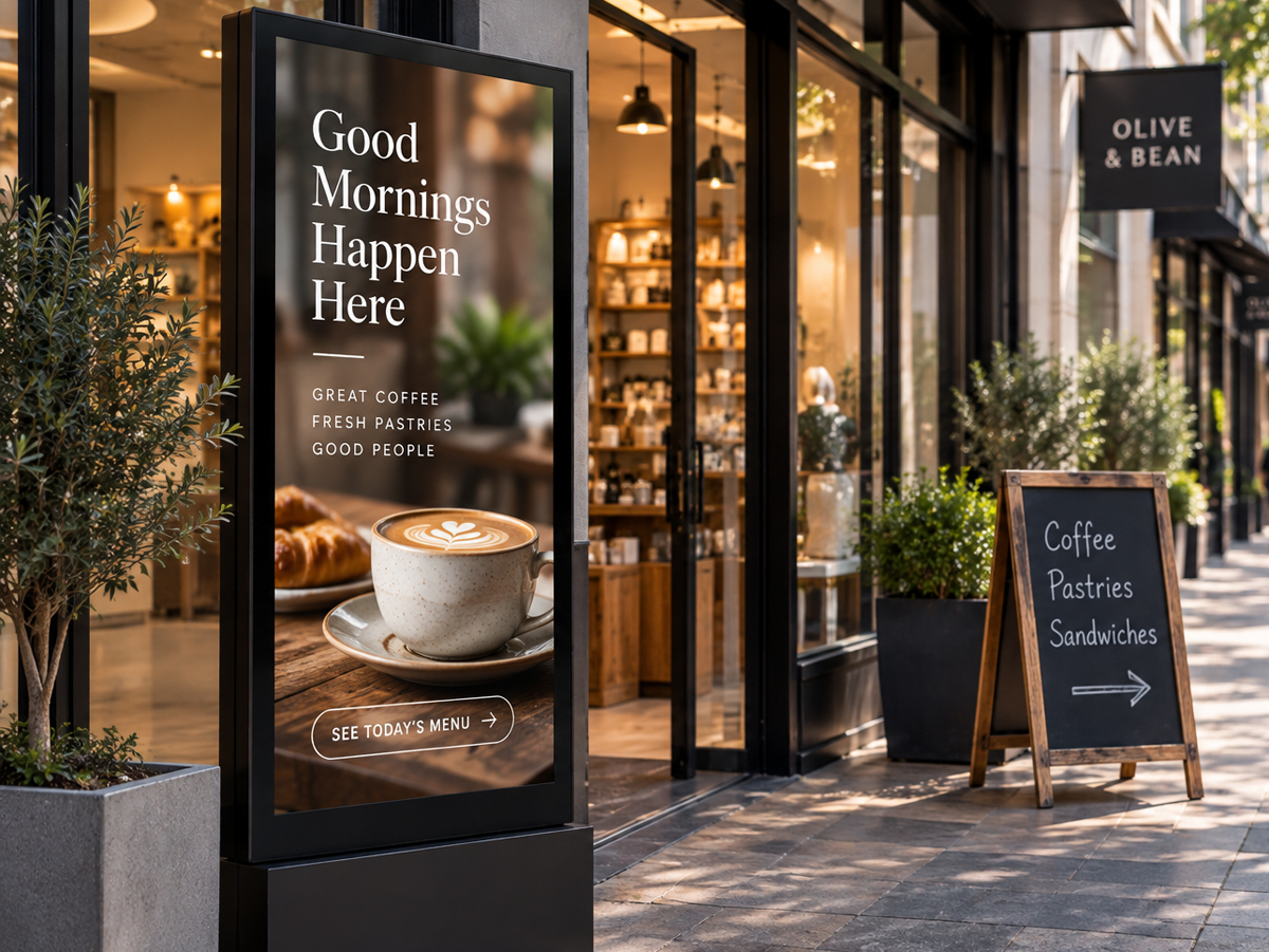 A café entrance with a window display and a chalkboard