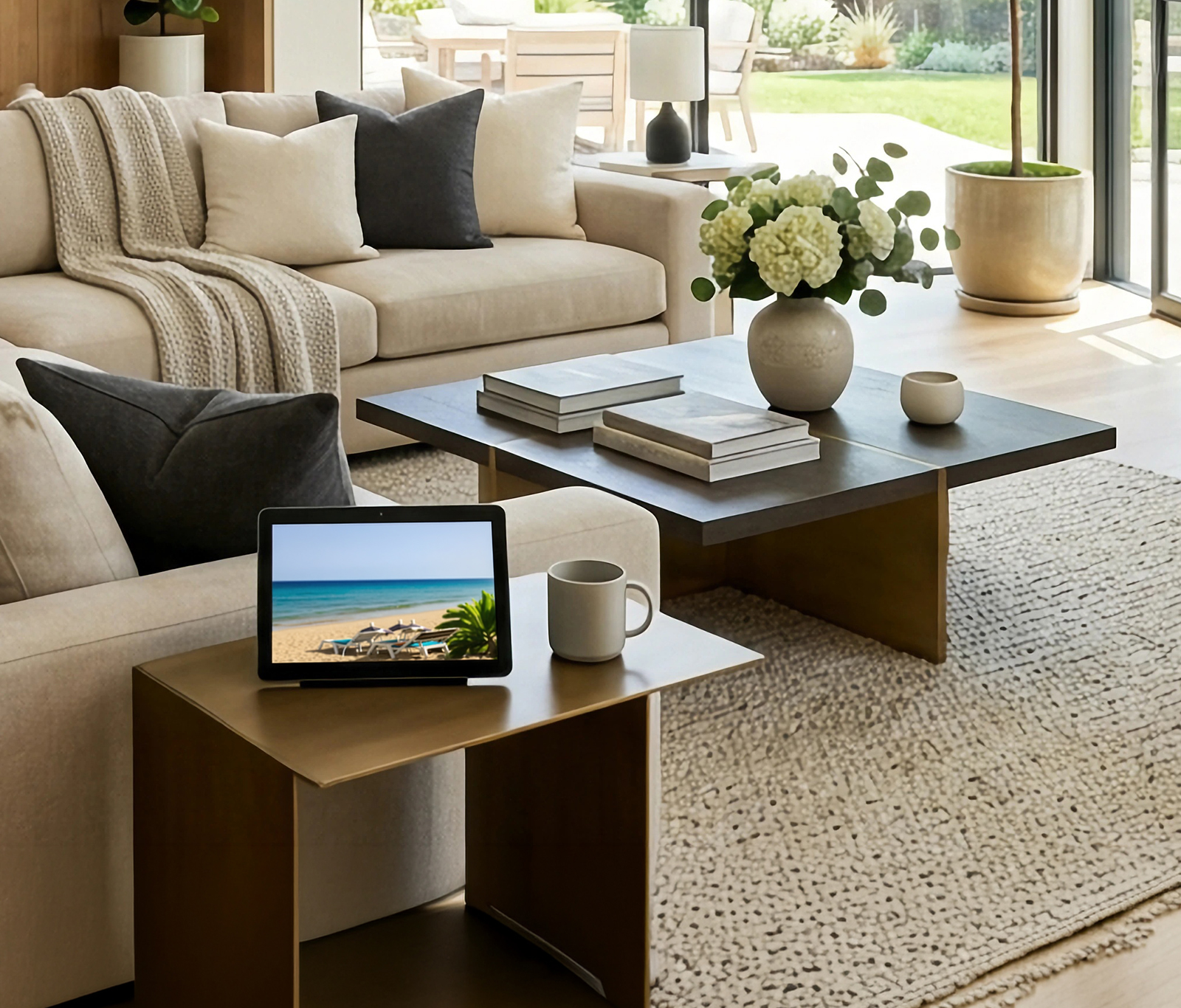 A tablet on a shelf cycling through family photographs